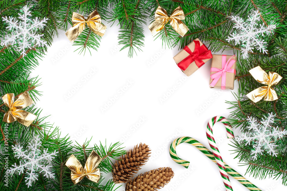 Christmas frame decorated with snowflakes isolated on white background with copy space for your text. Top view.
