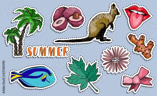 Colorful exotic stickers set. Paradise summer holiday concept.