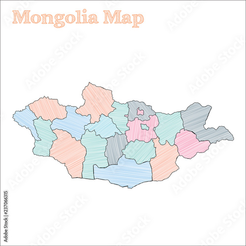 Mongolia hand-drawn map. Colorful sketchy country outline. Stunning Mongolia map with provinces. Vector illustration.