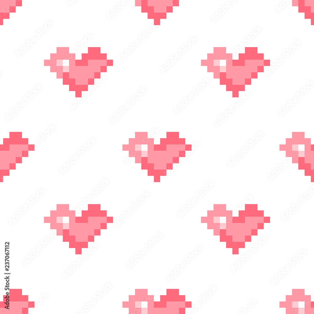 Geek valentine's day pixel hearts seamless pattern background. Pixel art heart. Love and valentine. Pixelated hearts digital background. Vector festive background