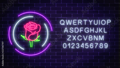 Glowing rose neon sign of flower shop in round frames with alphabet. Design of floral store signboard.