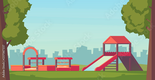 Kids playground or park. Children play complex with slide and sandbox. Vector flat style illustration.