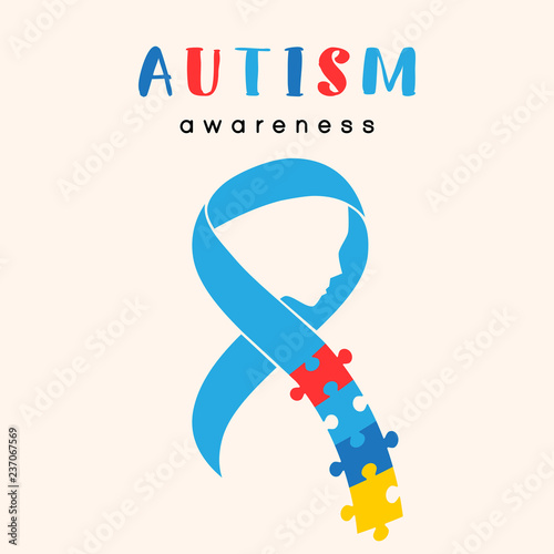World autism awareness day. Colorful puzzle ribbon with face as symbol autism awareness. Medical flat illustration. Healthcare