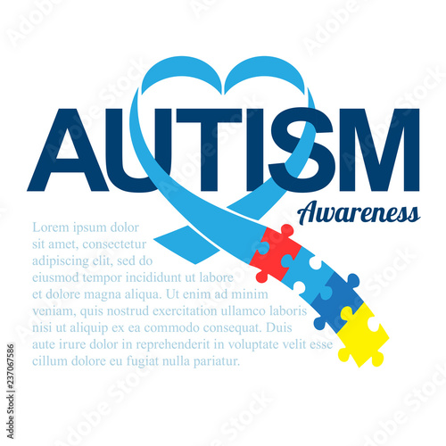 World autism awareness day. Blue ribbon with colorful puzzles vector background. Heart shape. Symbol of autism. Medical flat illustration. Health care