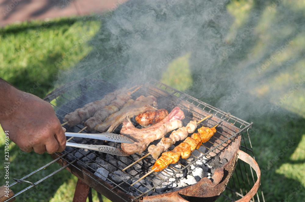 Traditional Cypriot meze and kebap barbecue party in the garden with delicious mix meat and chicken kebaps Traditional Cypriot meze and kebap barbecue party in the garden with delicious mix meat and chicken kebaps