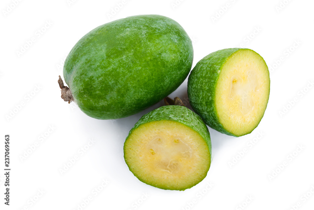 Tropical fruit feijoa Acca sellowiana isolated on white background. Top view. Flat lay pattern Tropical fruit feijoa Acca sellowiana isolated on white background. Top view. Flat lay pattern