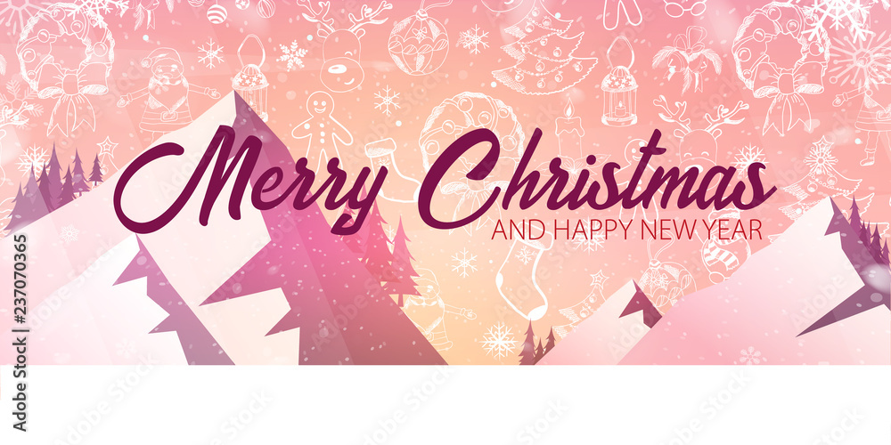 Merry Christmas and Happy New Year. Banner with mauntains and hand-draw christmas doodle elements on the background. Vector illustration.