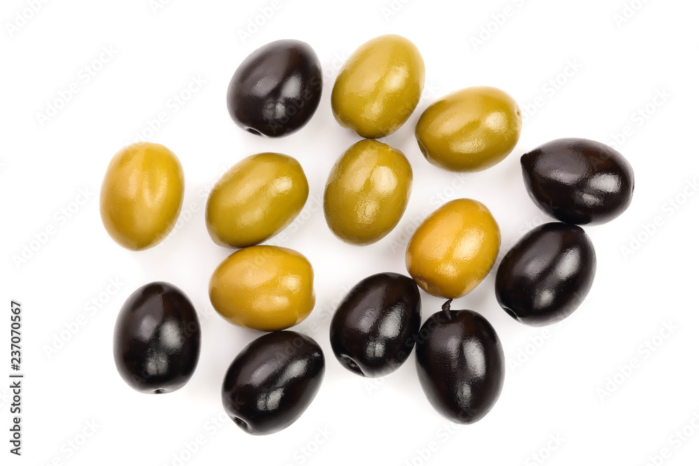 Green and black olives isolated on a white background. Top view. Flat lay Green and black olives isolated on a white background. Top view. Flat lay