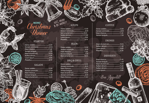 Christmas happy holiday layout of festive menu for festive dinner on chalkboard. Hand drawn and sketch design and template for restaurant and café. Vector illustration