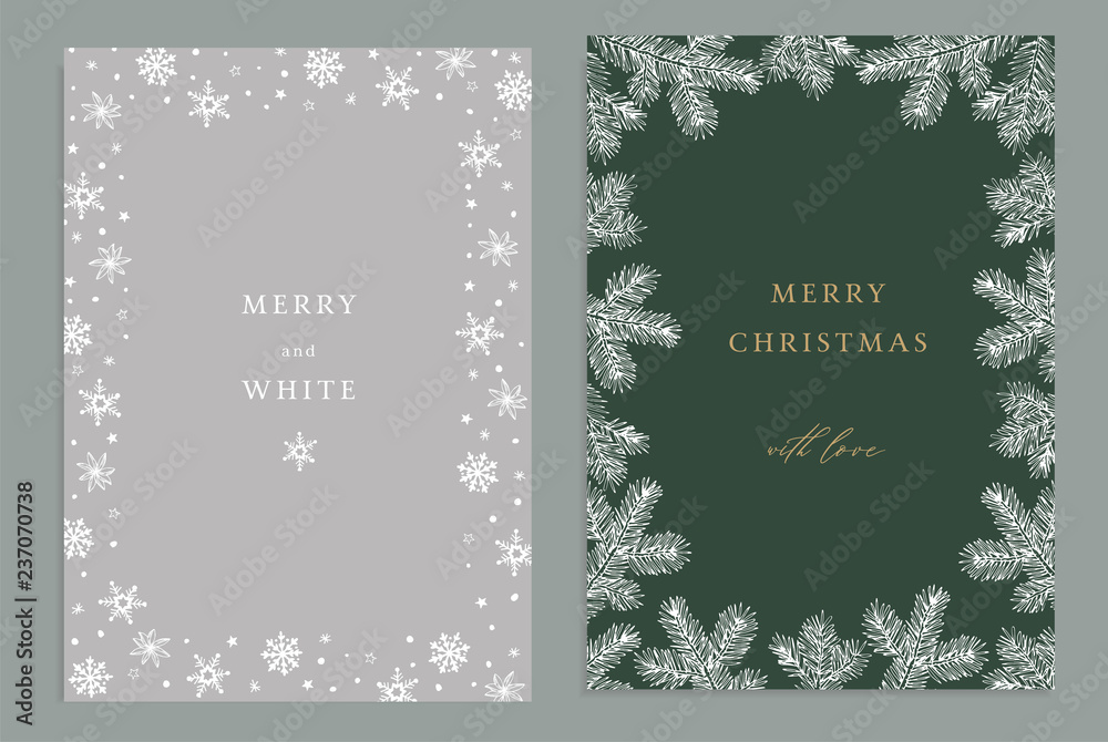 Merry Christmas, Happy New Year decorative vintage greeting cards, invitations. Holiday frames of hand drawn fir tree branches and snowflakes. Elegant engraving illustration, winter design.
