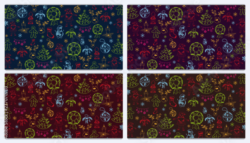 Merry Christmas and Happy New Year. Set of Backgrounds with hand-draw christmas doodle elements. Vector illustration.