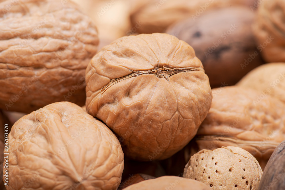 Macro shot of different nuts: almond, walnut, hazelnut and pecan on burlap background. Macro shot of different nuts: almond, walnut, hazelnut and pecan on burlap background.