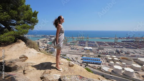 Happy woman enjoy Barcelona cityscape