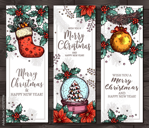 Vector christmas set of three vertical banners. Holiday decoration and congratulation. Hand drawn sketch colorful illustrations for festive background