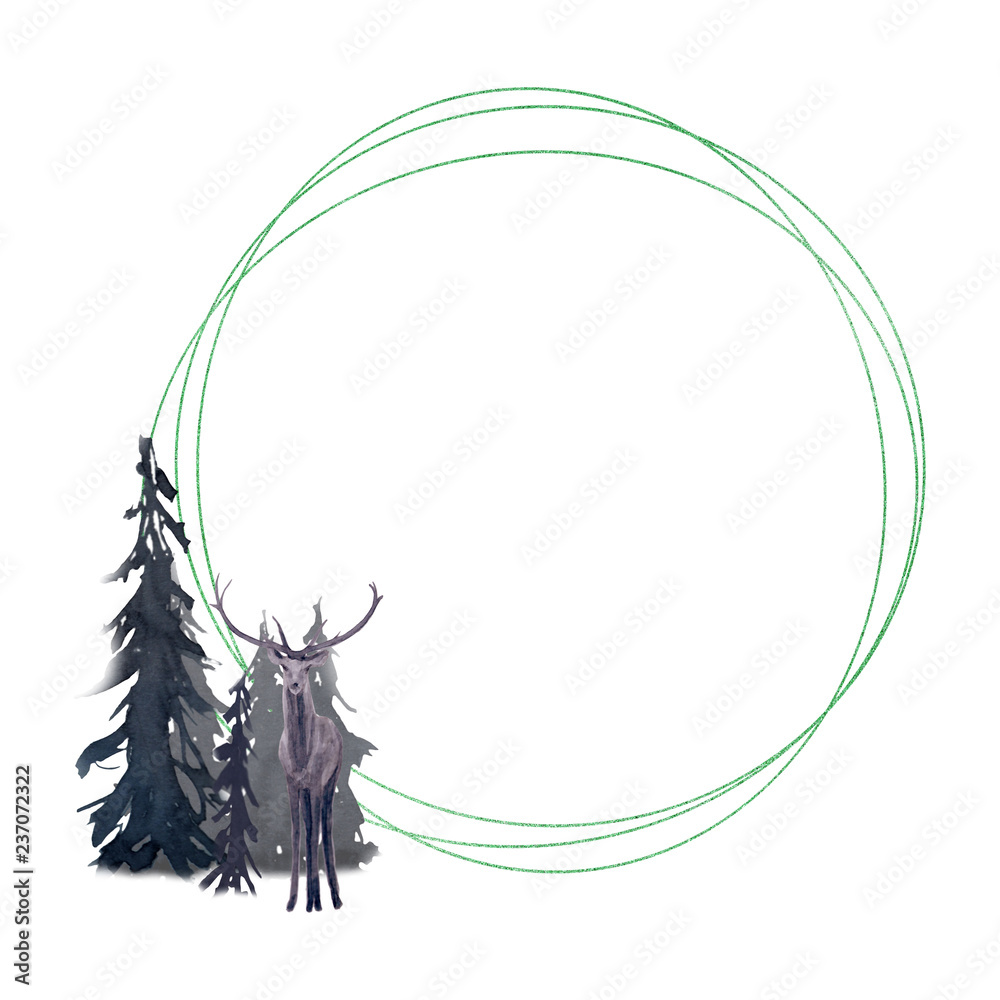 Winter geometric emerald frame with deer in forest Winter geometric emerald frame with deer in forest