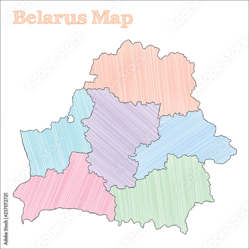 Belarus hand-drawn map. Colorful sketchy country outline. Brilliant Belarus map with provinces. Vector illustration.