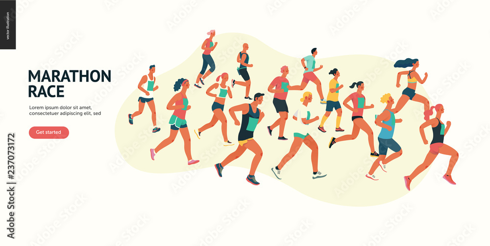 Marathon race group - flat modern vector concept illustration of running men and women wearing summer sportswer. Marathon race, 5k run, sprint. Creative landing page design template, web banner