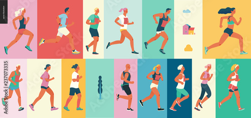 Fotografiet Marathon race group - flat modern vector concept illustration of running men and women wearing summer sportswer