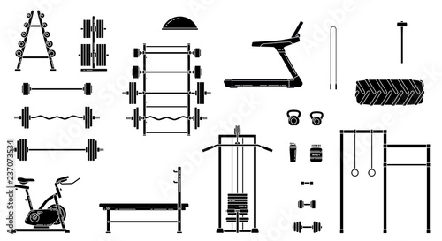Gym equipment set. Various fitness accessories collection. Bodybuilding and crossfit equipement isolated. Flat style. Vector illustration.