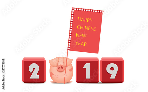 Little fat pig with textual banner and cubes with numbers creates year 2019,Chinese New Year concept,the year of the pig