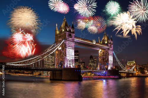 Tower Bridge with firework in London, England (celebration of the New Year)