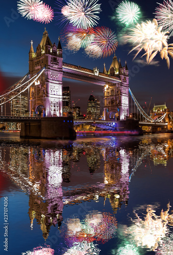 Photography Tower Bridge with firework in London, England (celebration of the New Year)