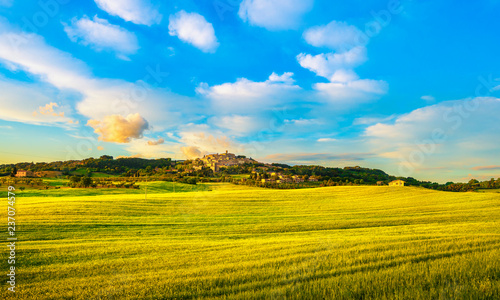 Casale Marittimo old stone village in Maremma and wheat fields. Tuscany  Italy.