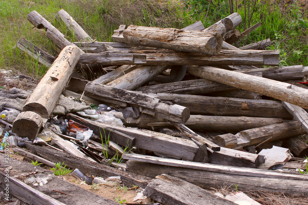 wooden boards and rubble and the ruins of the house, completely destroyed, wooden boards and rubble and the ruins of the house, completely destroyed,