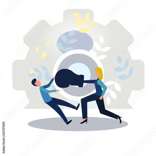 Woman beats the boss at work, conflict. Gender inequality and the fight against stereotypes.