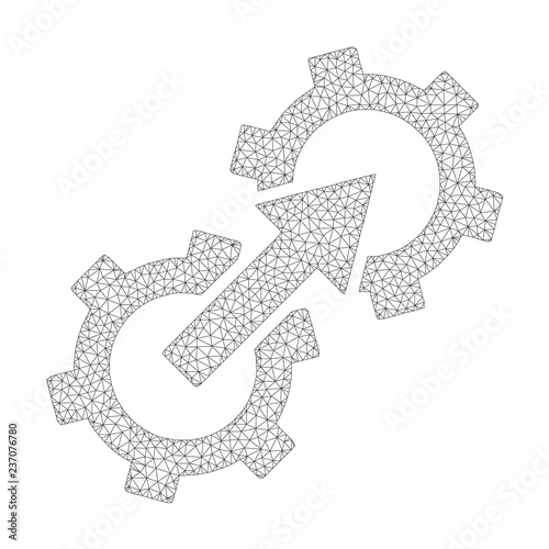 Mesh vector gear integration on a white background. Polygonal carcass dark gray gear integration in low poly style with connected triangles, nodes and linear items.