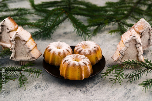 Homemade pastries for the New Year holidays. Cookies with powdered sugar. Green branches of spruce. Light background.