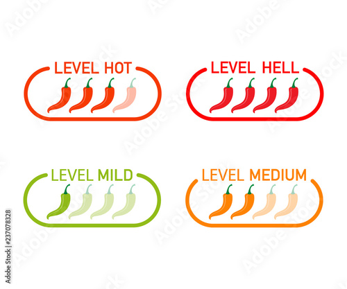 Hot red pepper strength scale indicator with mild, medium, hot and hell positions. Vector illustration.