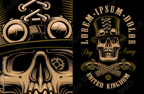 Vector illustration of skull in hat in steampunk style.