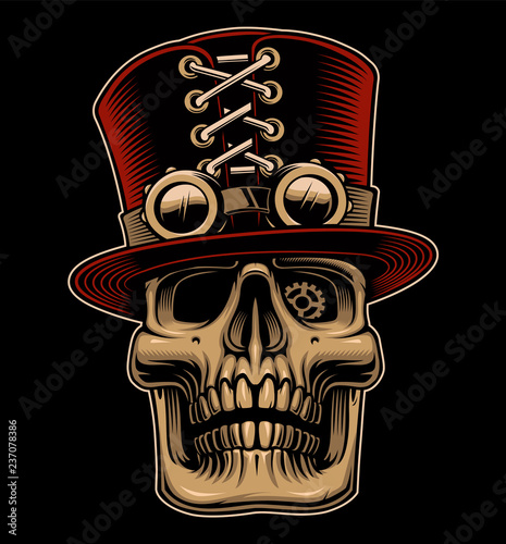 Vector illustration of skull in hat and eyeglasses in steampunk style