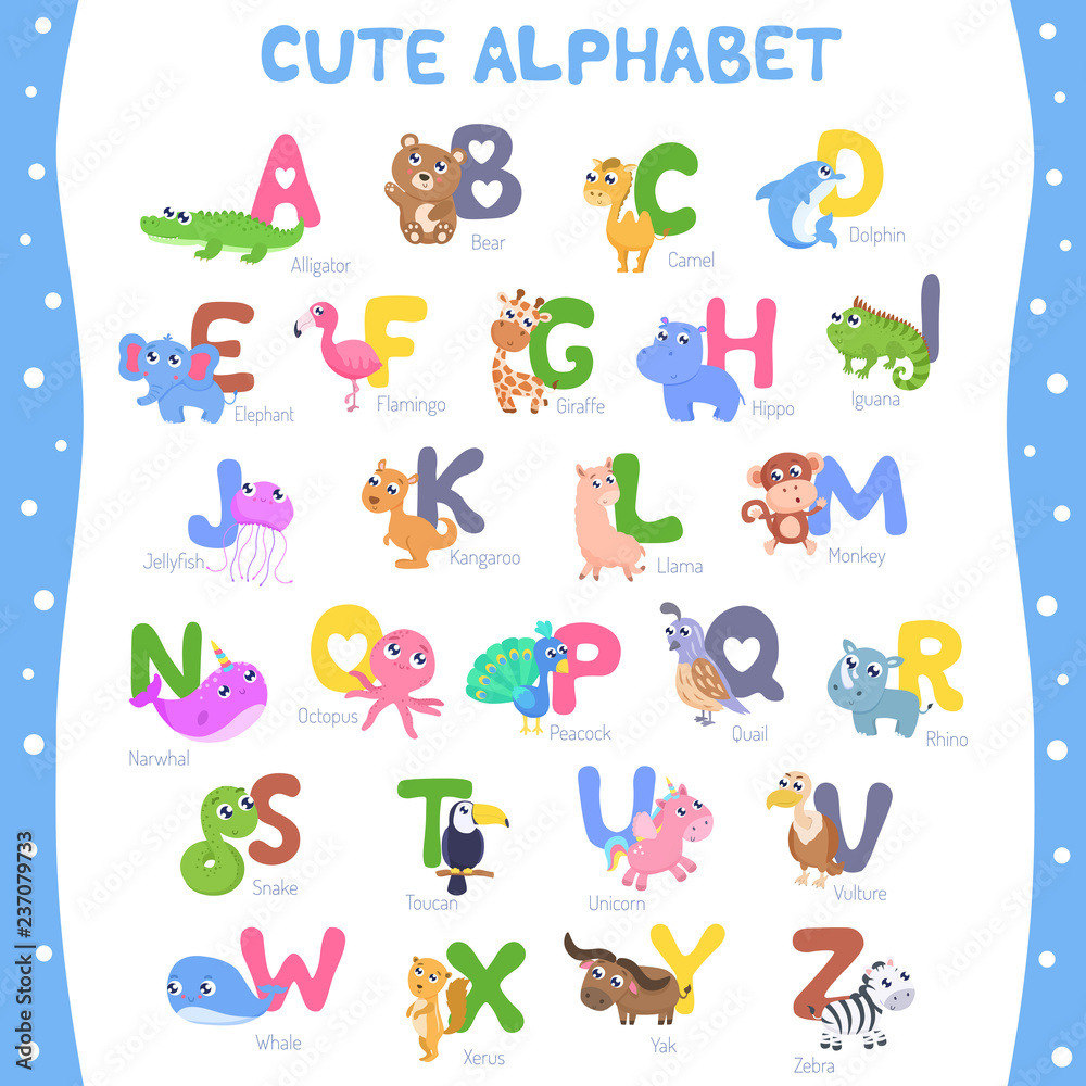 Cute animal alphabet A-Z vector illustration.