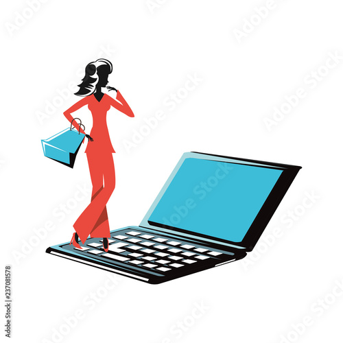 woman silhouette with shopping bag in laptop