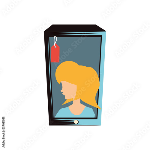 woman retro in smartphone with commercial tag