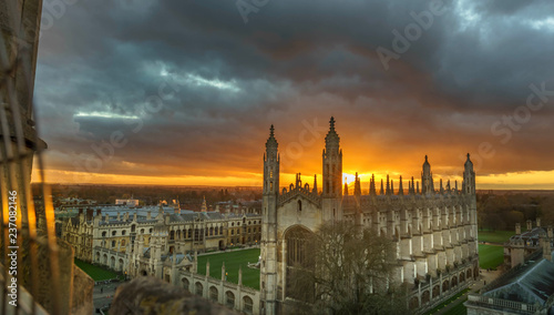 Panorama of Cambridge with beautiful sunset sky, UK