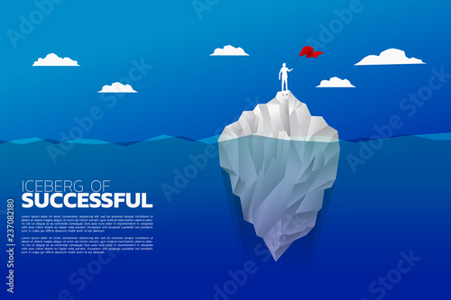 Silhouette of businessman with flag standing on top of iceberg. Business Concept of iceberg successful.