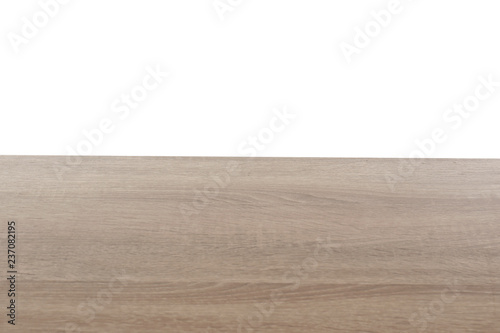 Stylish wooden table top against white background