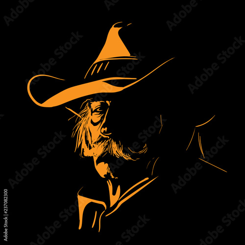 Old Man with cowboy hat and with mustache. Digital Sketch Hand Drawing Vector. Illustration.