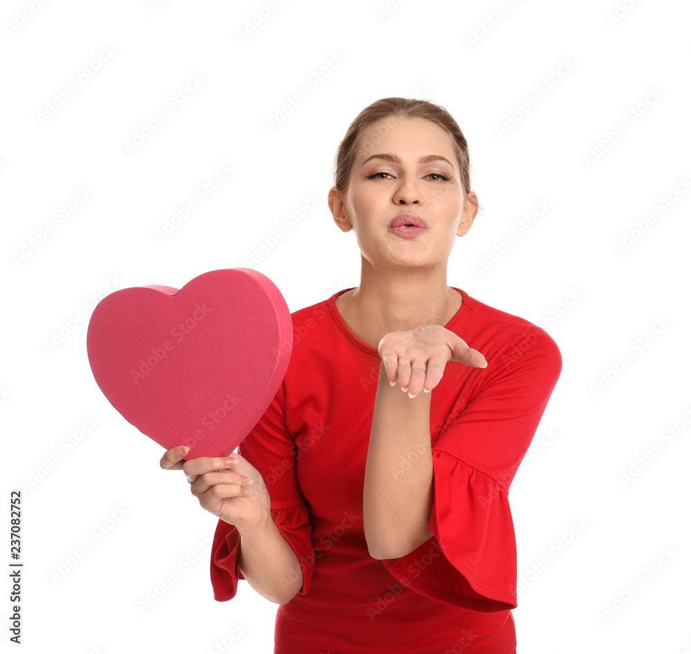 Portrait of young woman with decorative heart on white background Portrait of young woman with decorative heart on white background