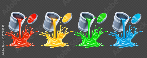 Color paints pouring from tins with lids. Realistic splash.