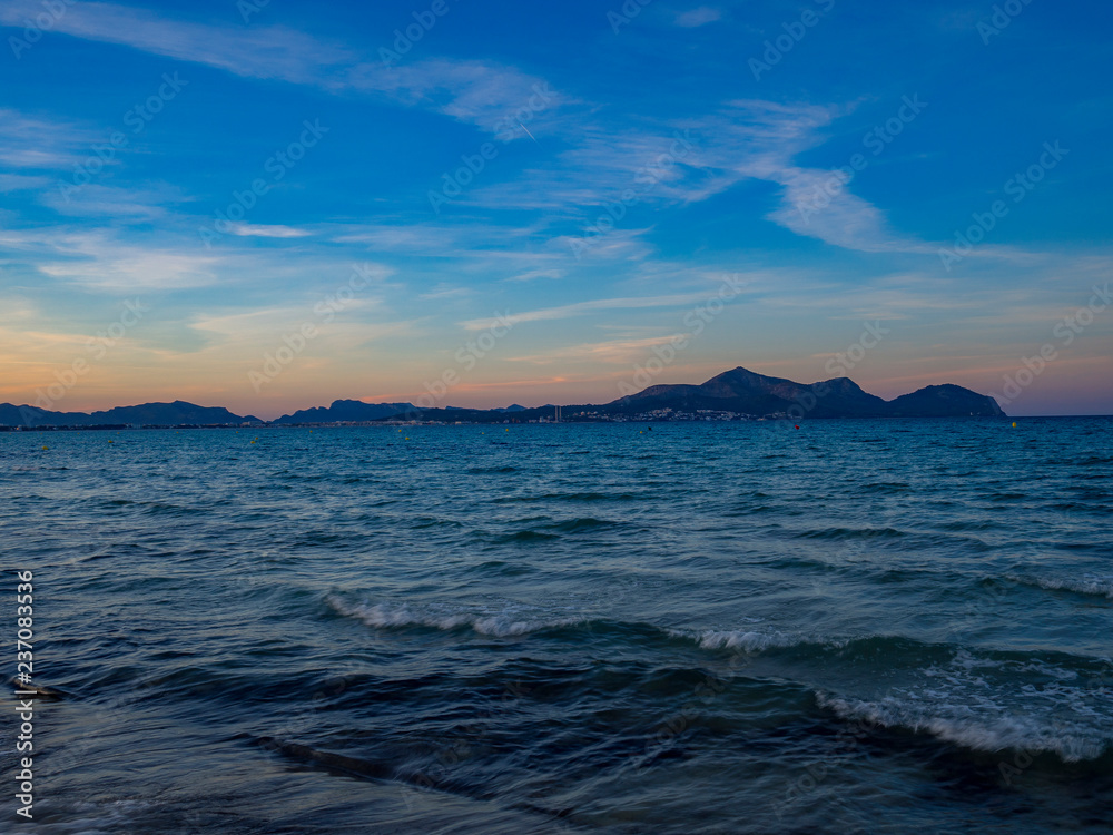 View to Spain Sea from Alcudia Beach at Blue Night