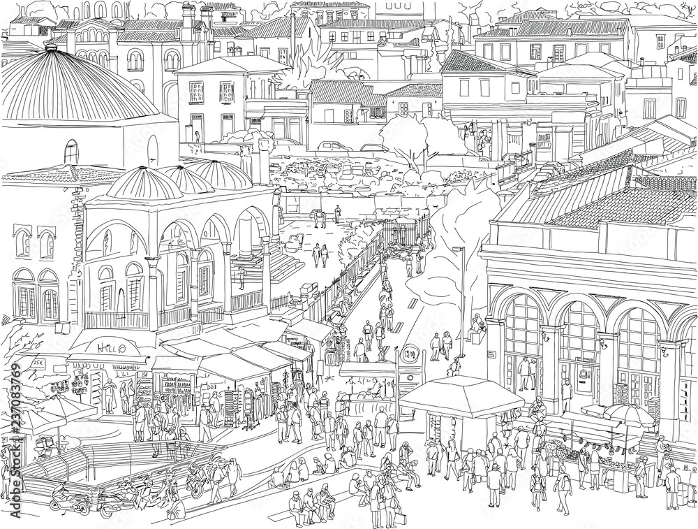 Hand drawn vector illustration. Athens, Greece aerial cityscape. People wander the busy, historic Monastiraki Square, a landmark public plaza in the center of the city.