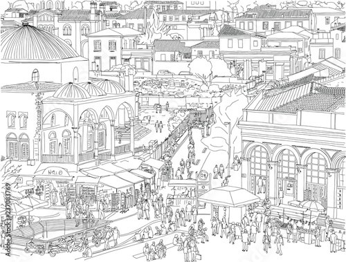 Hand drawn vector illustration. Athens  Greece aerial cityscape. People wander the busy  historic Monastiraki Square  a landmark public plaza in the center of the city.