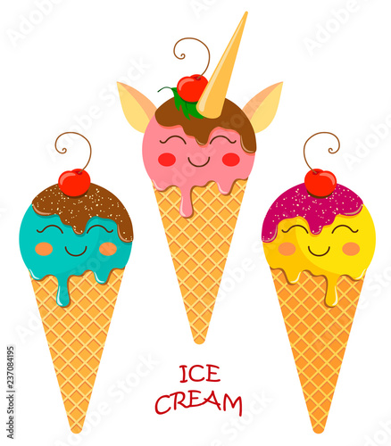 A set of three bright ice cream in a waffle cup, ice cream in the form of a unicorn with berries, leaf, bright and festive. Illustrations in a flat cartoon style