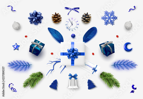 Set realistic Christmas blue objects isolated on white background. Elements gift box, lush bows, pine branches, pine cone, decorative snowflake, xmas ball and confetti, bells, and old watch