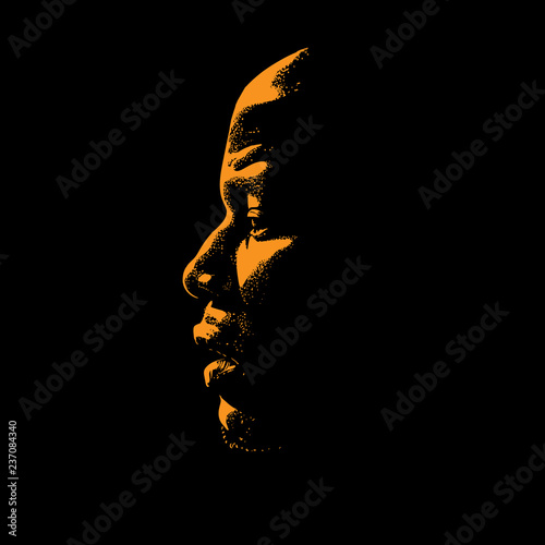 African Man portrait silhouette in contrast backlight. Vector.
