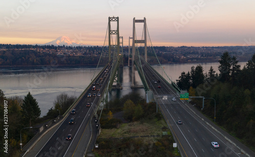 Aerial View Tacoma Narrows Bridges over Puget Sound Mount Rainier in the background photo